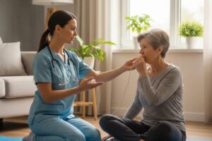 Patient and respiratory therapist practicing breathing techniques in a cozy home setting