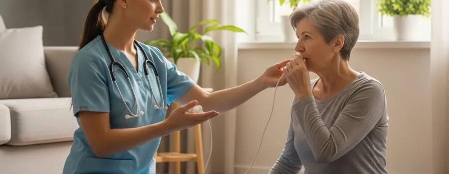 Patient and respiratory therapist practicing breathing techniques in a cozy home setting