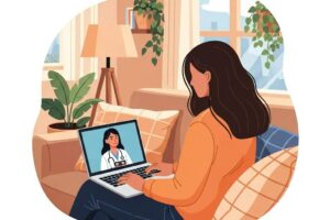 Patient engaging in a telehealth consultation from home, emphasizing convenience and comfort