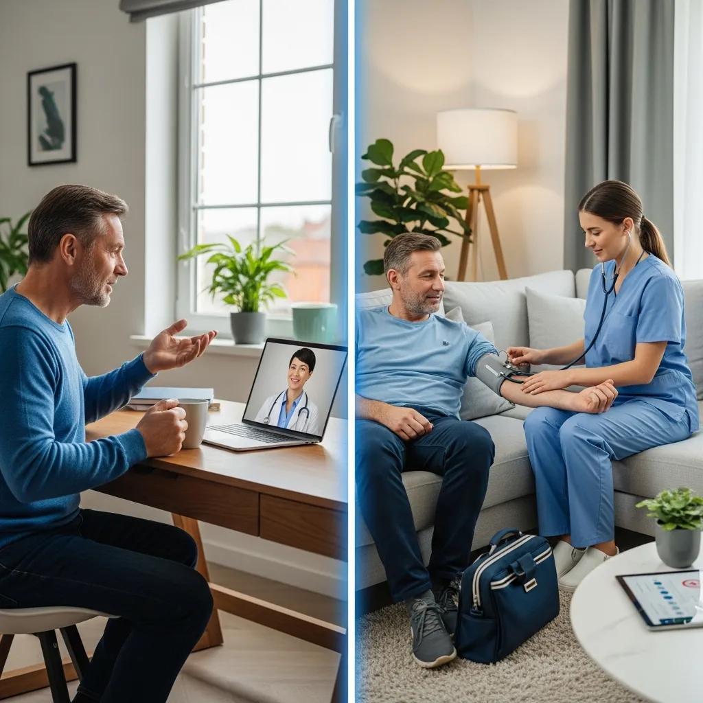 Patient engaging in telehealth consultation while receiving in-home care, illustrating the integration of telehealth and mobile primary care