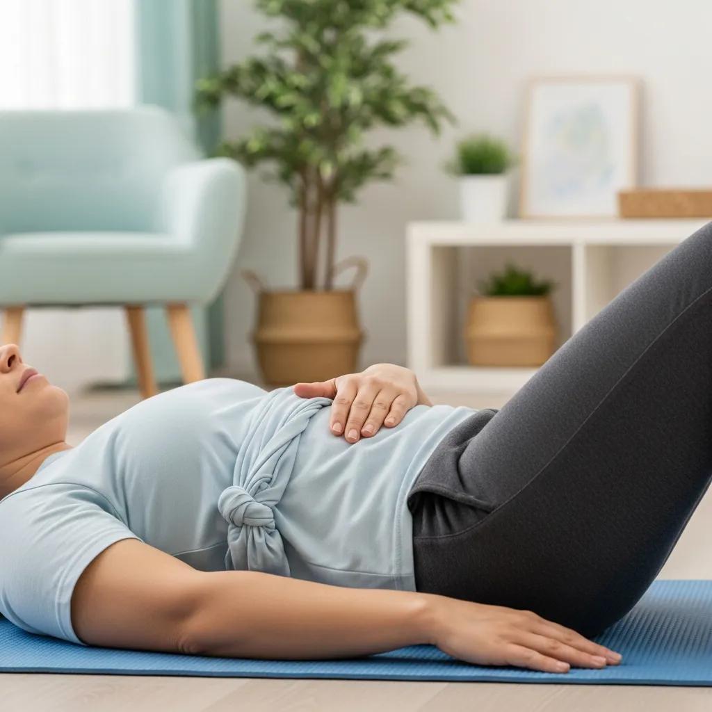Patient practicing diaphragmatic breathing exercise at home for respiratory health
