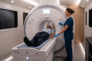 Patient receiving a full body MRI scan in a mobile unit, highlighting advanced technology and comfort