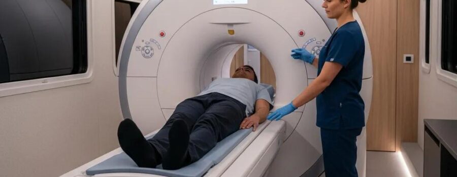 Patient receiving a full body MRI scan in a mobile unit, highlighting advanced technology and comfort