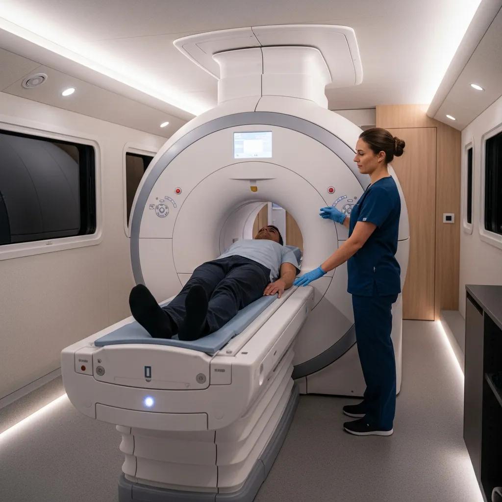 Patient receiving a full body MRI scan in a mobile unit, highlighting advanced technology and comfort