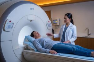 Patient receiving a whole body MRI scan in a modern medical facility, showcasing advanced imaging technology