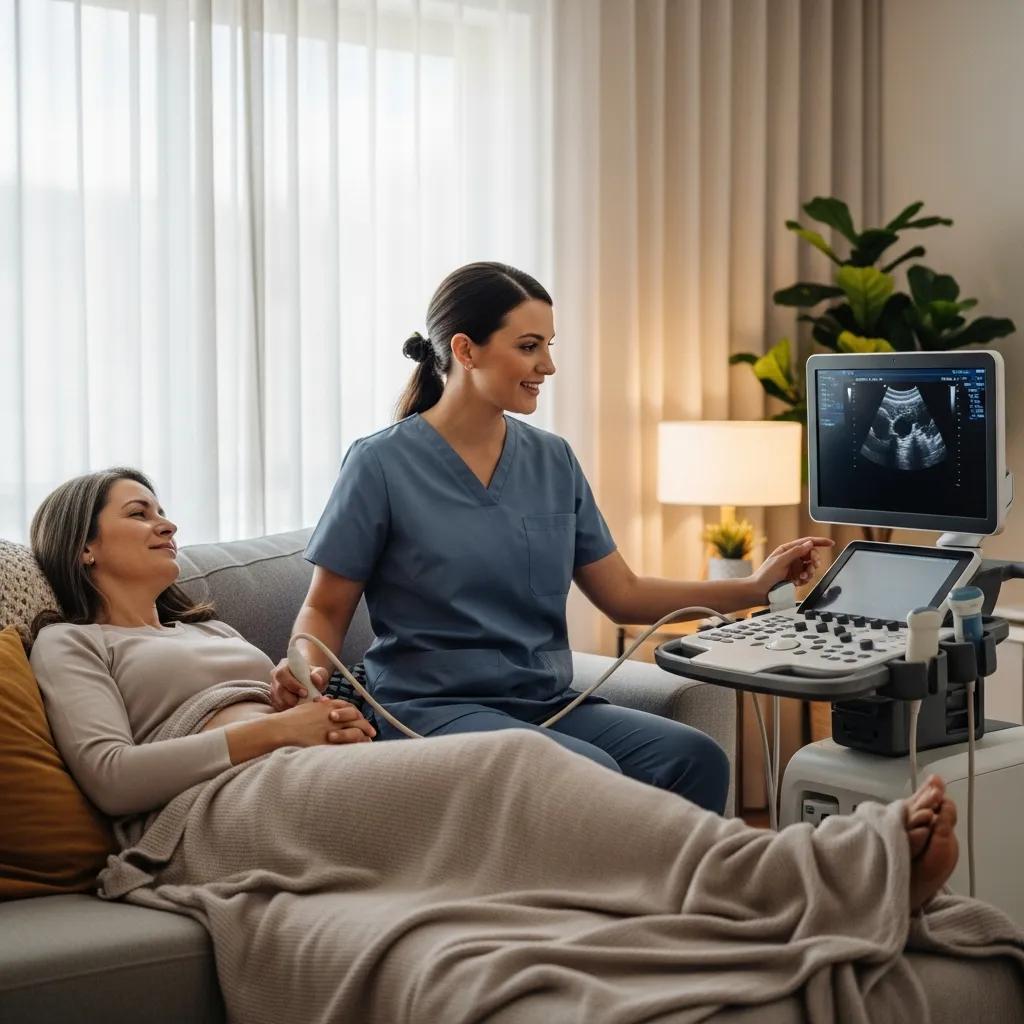 Patient receiving personalized at-home ultrasound care with technician support