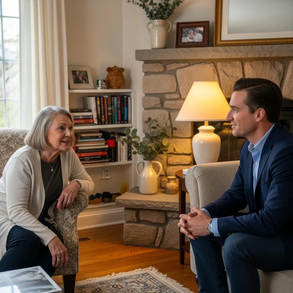 Patient and physician engaging in a conversation during a concierge home visit, emphasizing personalized healthcare and comfort in a cozy living room setting.
