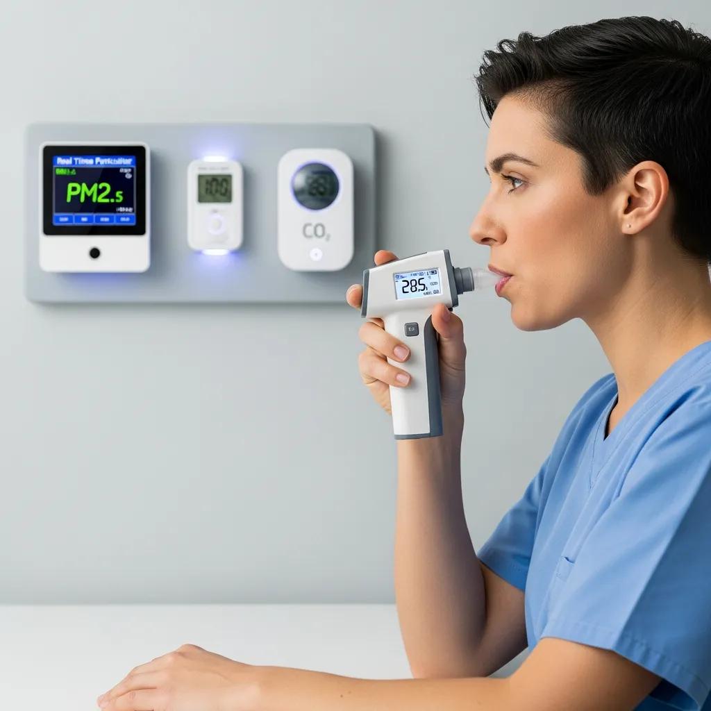 Patient using a spirometer to assess lung function in a clinical environment, linking air quality to respiratory health