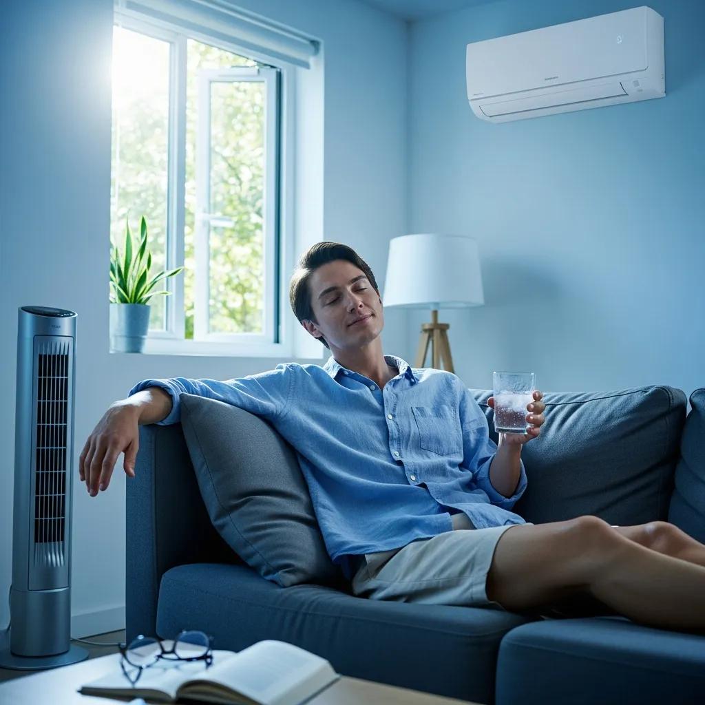 Person in lightweight clothing enjoying a cool indoor environment with a fan and air conditioning