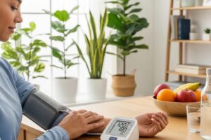 Person measuring blood pressure at home in a healthy living environment