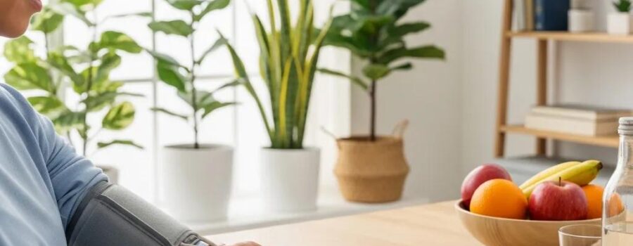 Person measuring blood pressure at home in a healthy living environment