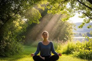 Person meditating in nature, symbolizing the connection between positive mindset and health