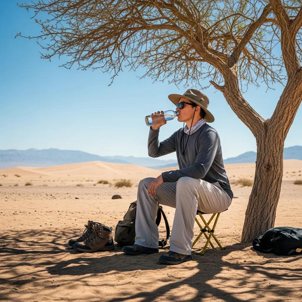 Person sitting under a tree in the Arizona desert, drinking water and practicing heat stroke prevention techniques, wearing a hat and light clothing for sun protection.