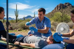 Person receiving heat exhaustion treatment outdoors in Phoenix, highlighting urgent care and hydration