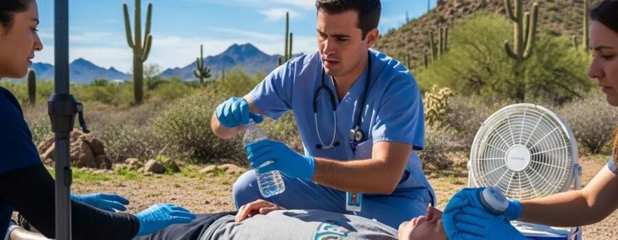 Person receiving heat exhaustion treatment outdoors in Phoenix, highlighting urgent care and hydration
