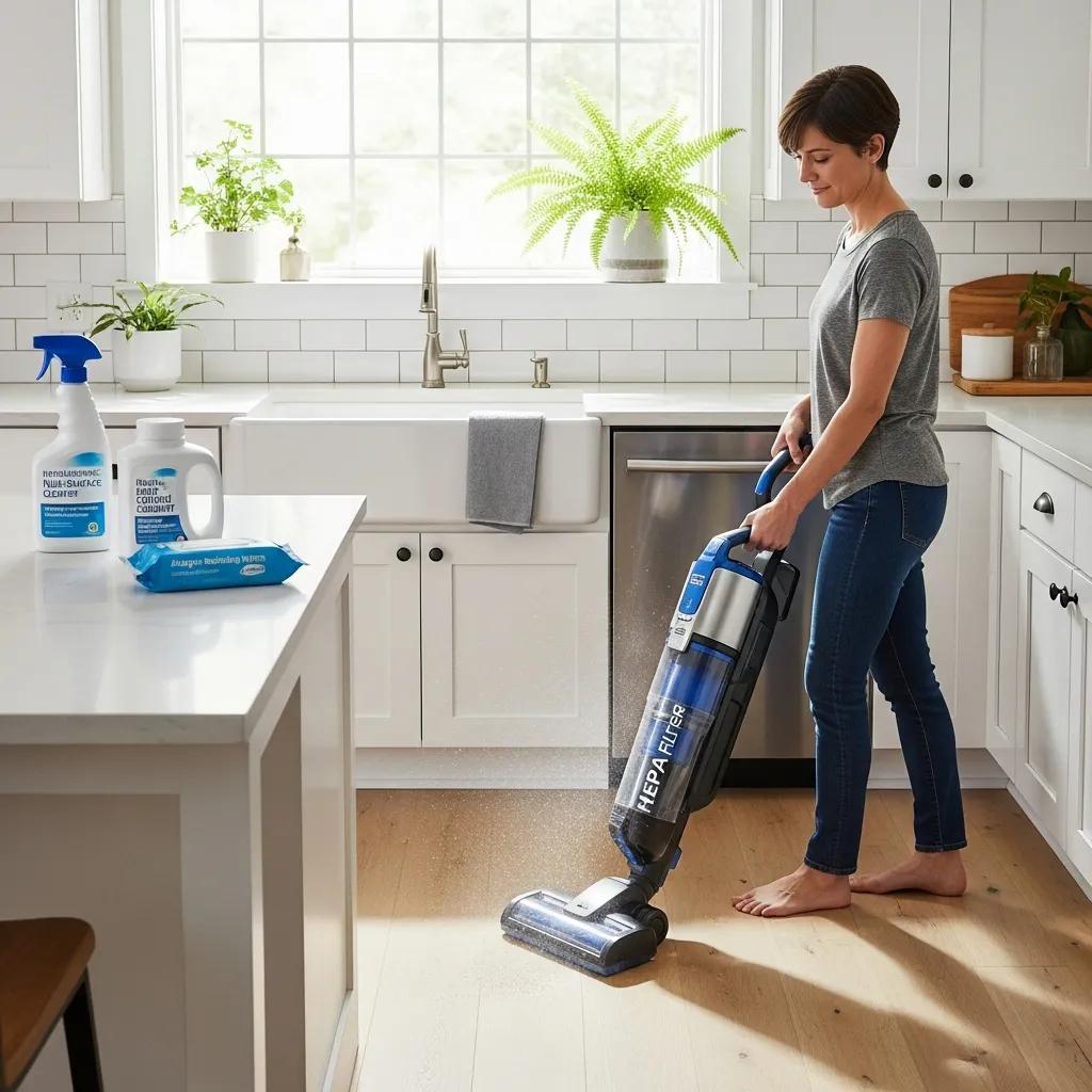 Person vacuuming in a clean kitchen with hypoallergenic cleaning products, focusing on allergy reduction
