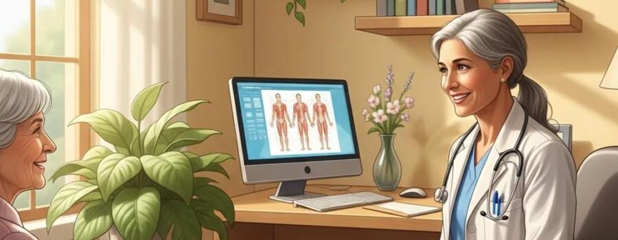 Personalized healthcare interaction between a doctor and patient in a cozy office setting