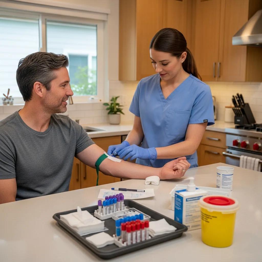 phlebotomist-performing-a-blood-draw-in-a-modern-kitchen-highlighting-the-convenience-of-mobile-services-e9a702a2-87e1-48f2-af82-d5174bd64b5djpg - Desert Mobile Medical | Concierge Physicians Phlebotomist performing a blood draw in a modern kitchen, highlighting the convenience of mobile services