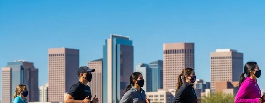 Phoenix city skyline with people exercising outdoors, highlighting the impact of air quality on health