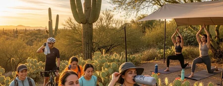 Phoenix landscape with people staying hydrated and enjoying outdoor activities in the heat