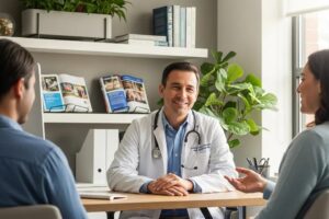 Physician and patient in a modern office discussing personalized healthcare options