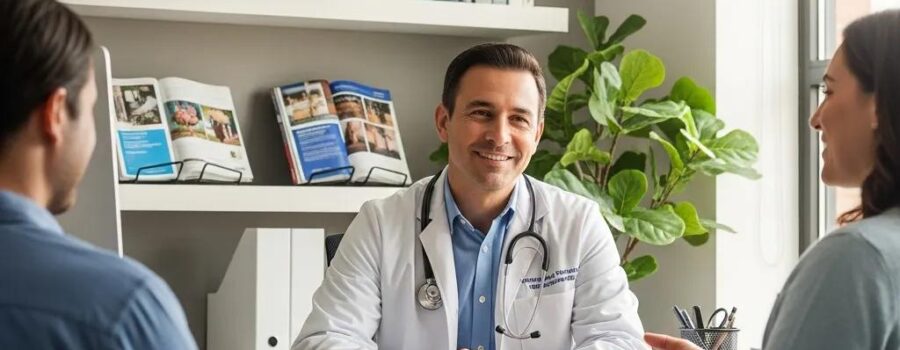 Physician and patient in a modern office discussing personalized healthcare options