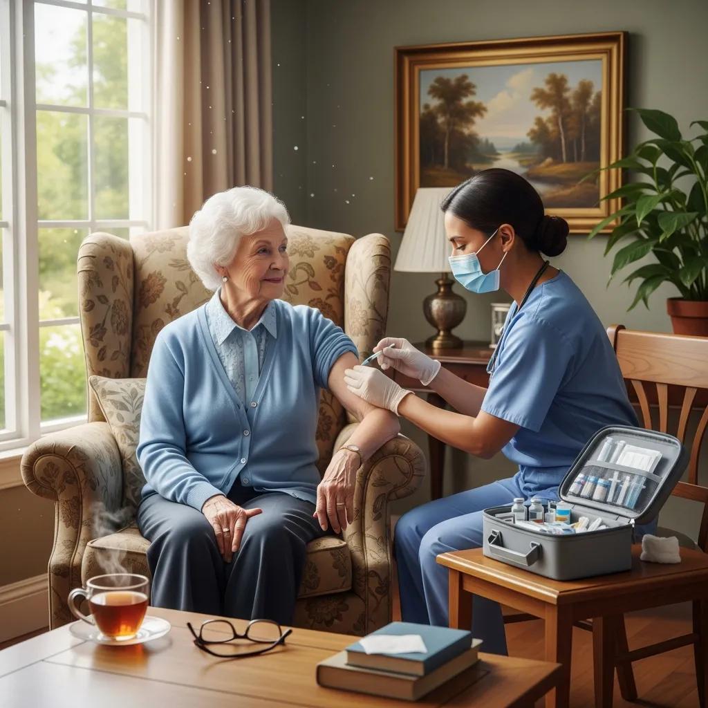 Senior citizen receiving a vaccination at home, highlighting the convenience of mobile immunization services