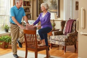 Senior couple engaging in fall prevention exercises in a safe home environment