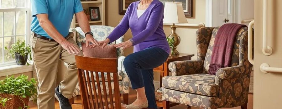 Senior couple engaging in fall prevention exercises in a safe home environment