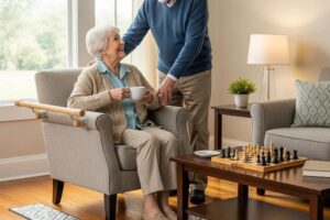 Senior couple in a safe home environment with fall prevention measures