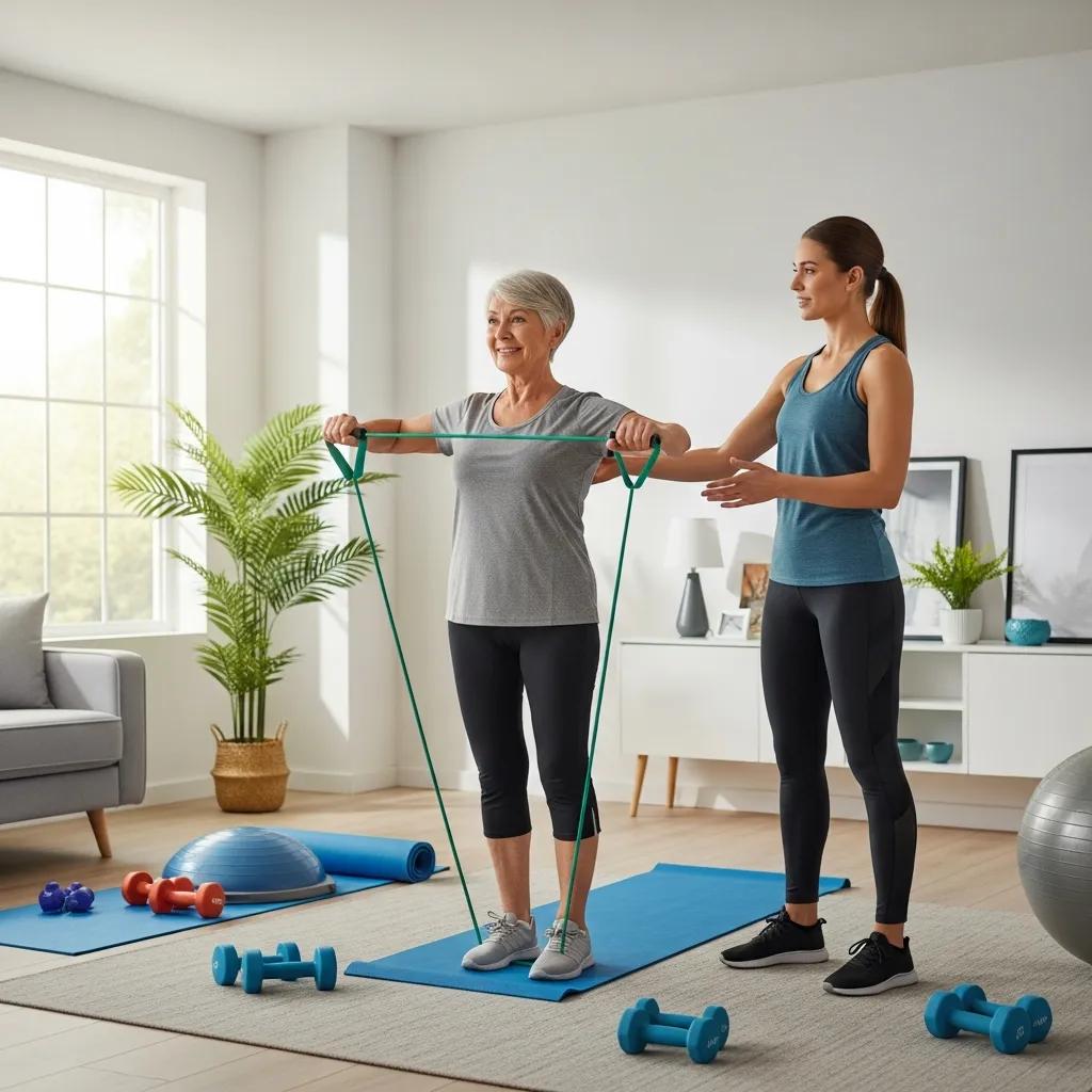 Senior engaging in a tailored exercise program at home with a personal trainer