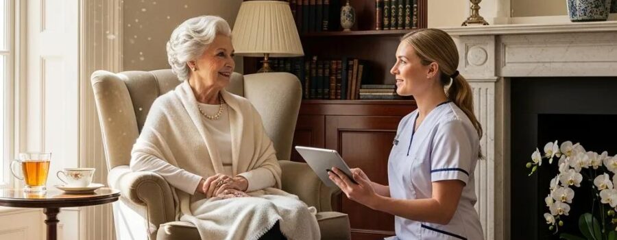 Senior patient receiving luxurious mobile healthcare in a beautifully decorated living room