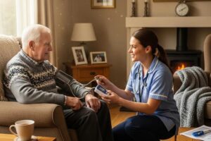 Senior receiving at-home diagnostic testing in a cozy living room