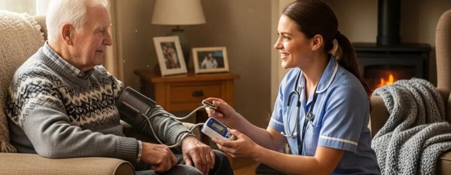 Senior receiving at-home diagnostic testing in a cozy living room