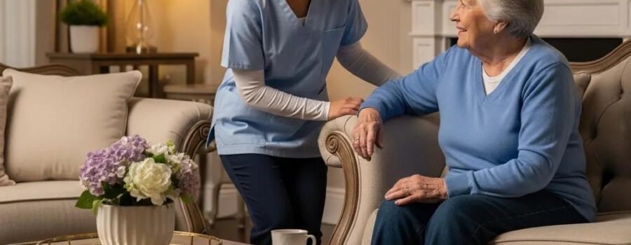 Senior receiving personalized in-home geriatric care in a luxurious living room setting