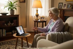 Senior using a tablet for telehealth consultation in a cozy living room