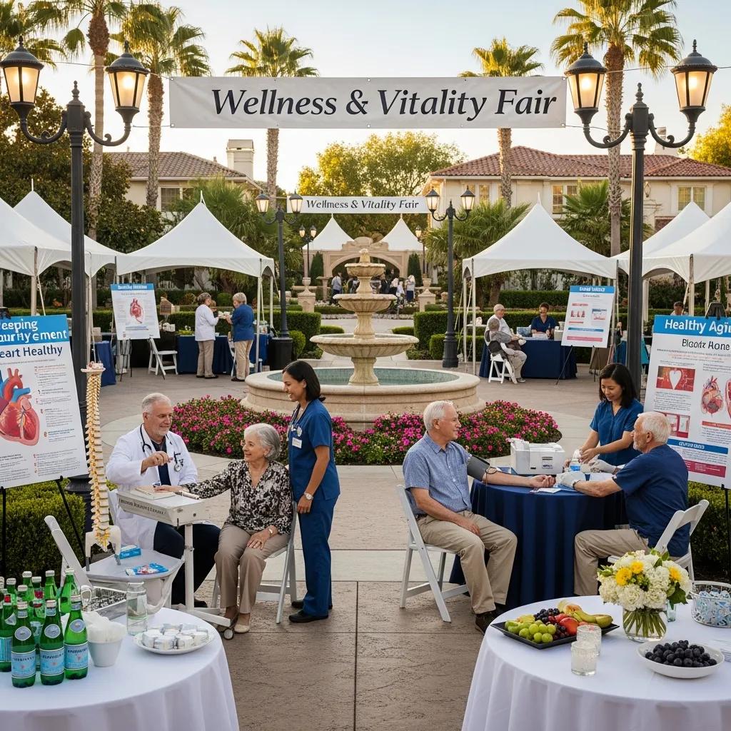 Seniors engaging with healthcare professionals at a community health event in a luxury neighborhood