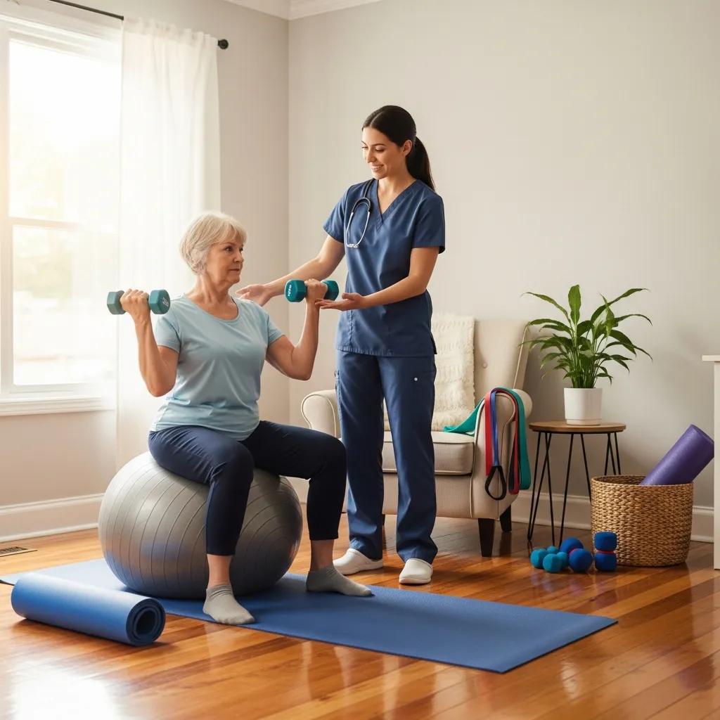 Skilled nurse guiding patient through rehabilitation exercises at home