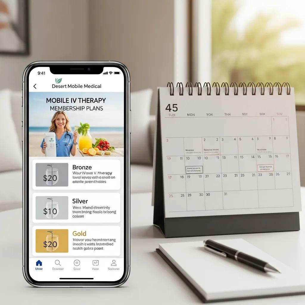 Smartphone displaying membership plans for mobile IV therapy with a calendar and notepad