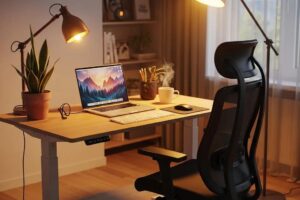 Stylish ergonomic home office setup with an adjustable desk and ergonomic chair