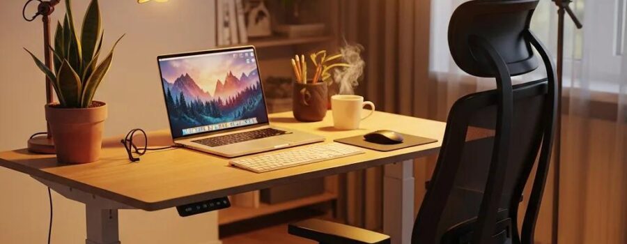 Stylish ergonomic home office setup with an adjustable desk and ergonomic chair