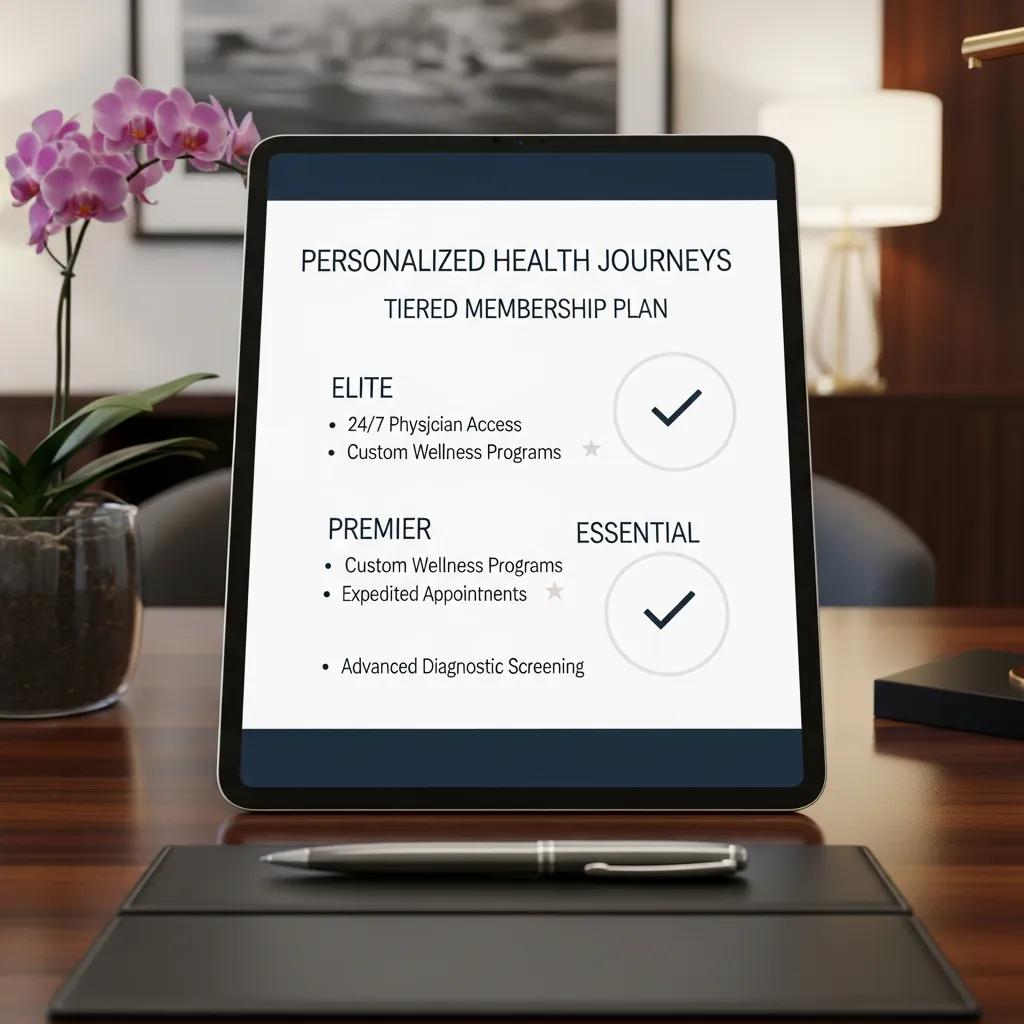 Stylish representation of concierge healthcare membership plans highlighting exclusivity and choice