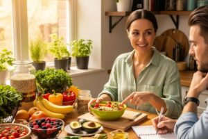 Vibrant kitchen scene with fresh whole foods and a nutritionist discussing meal plans