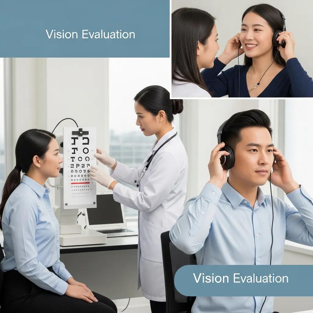 Vision and hearing evaluations being conducted in a corporate health screening
