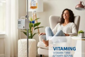 Vitamin IV drip therapy setup in a cozy home environment, emphasizing wellness and relaxation