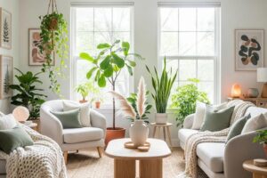 Wellness-focused living room with natural light, plants, and ergonomic furniture