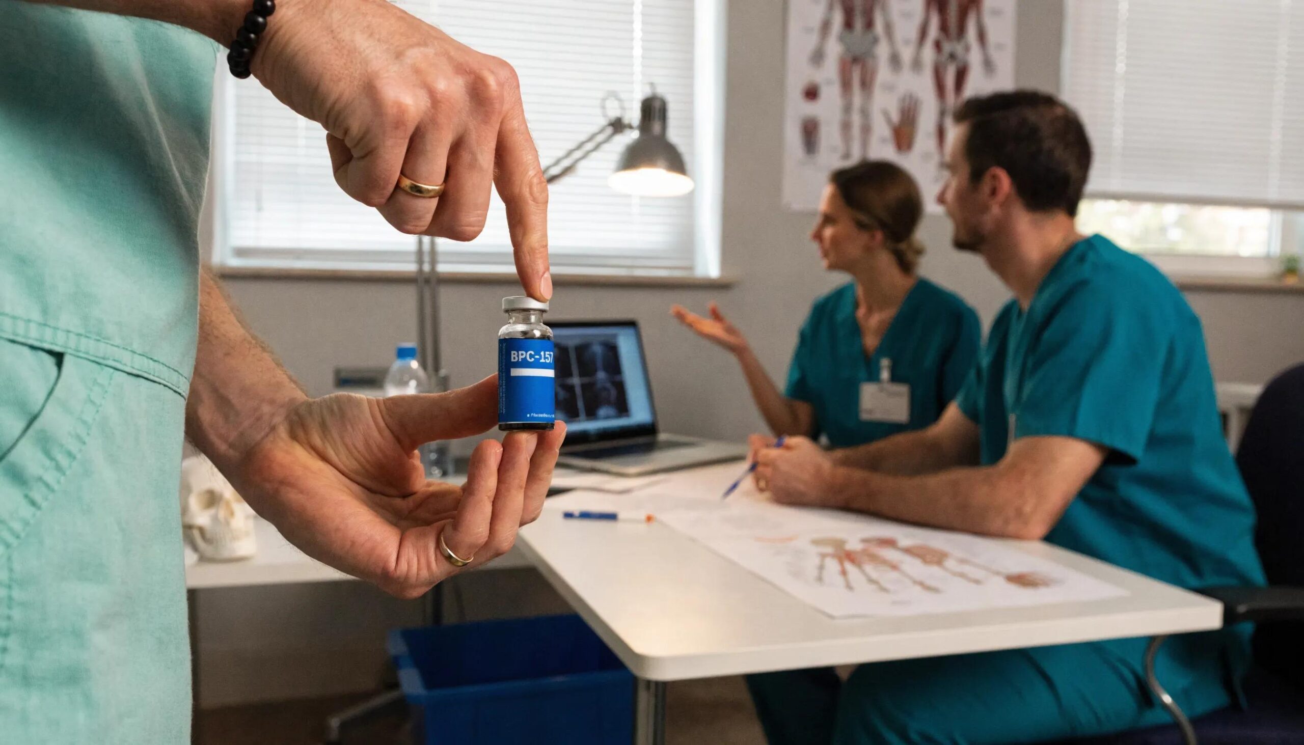BPC-157 peptide vial in hand, medical professionals discussing treatment plan.