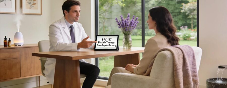 BPC-157 peptide therapy consultation with Desert Mobile Medical doctor and patient, tissue repair and recovery.